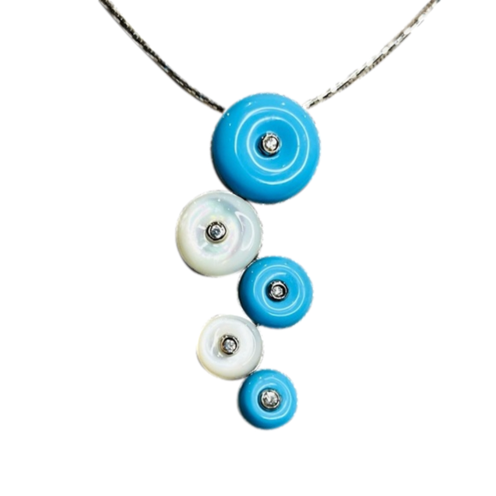 Turquoise & Mother of Pearl Button Necklace Pendant set in .925 Sterling Silver
